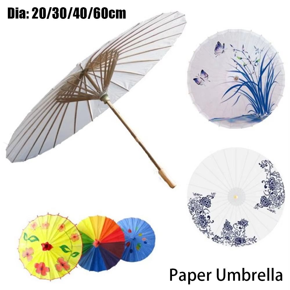 Photography Umbrella - 直径20/30/40/60cmの紙傘 1個 伝統的な白いDIY手作り絵画用品 無地の長柄写真撮影用小道具
