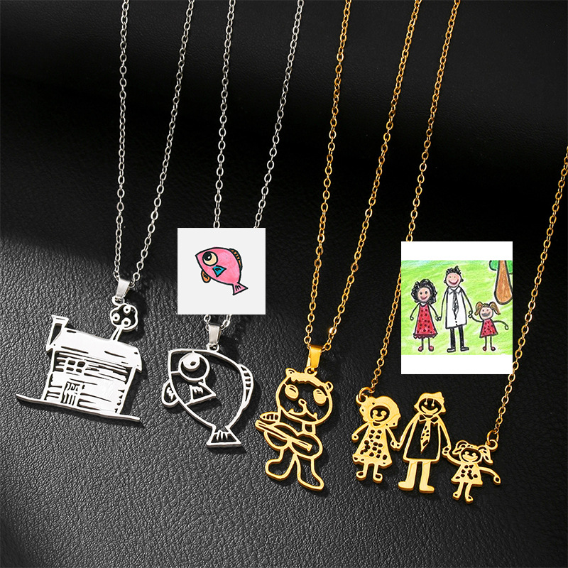 Photographic Memory - DIY カスタムロゴ子供の絵のペンダントネックレスパーソナライズされた子供のアートワーク画像ステンレス鋼ネックレスメモリギフト