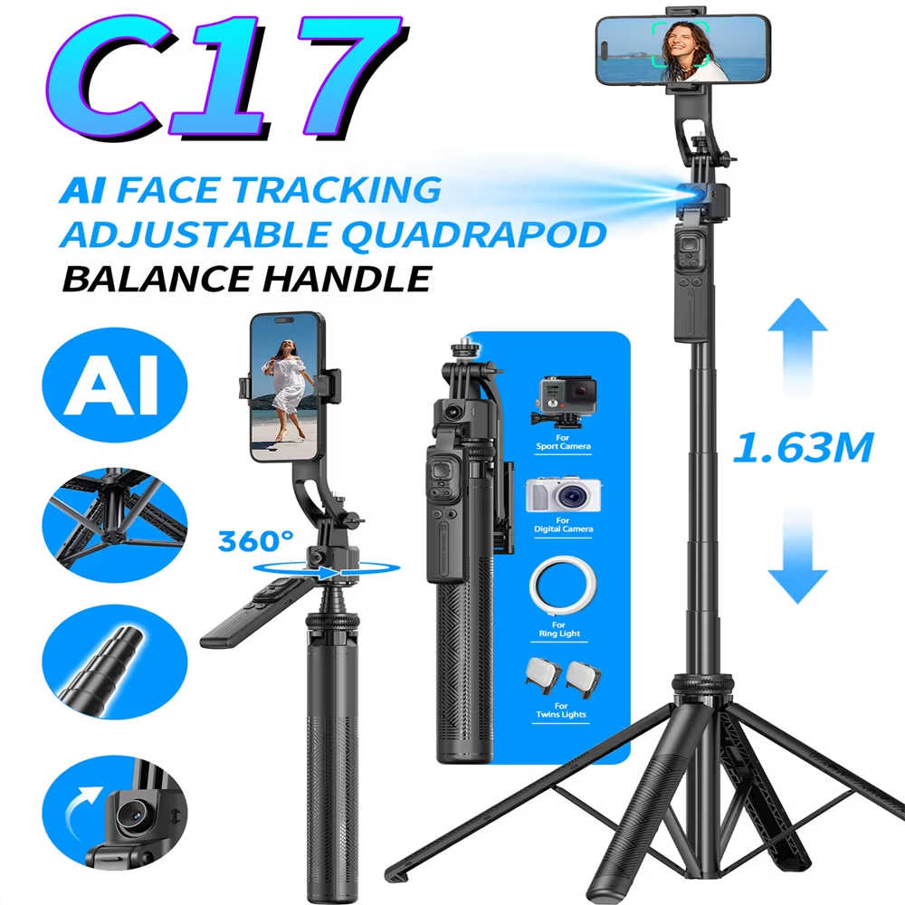 Photography Basics - C17 163cm 360 ° 自動回転ジンバルスタビライザー、AI追尾機能付き、三脚、Bluetoothシャッター、補助ライト付き、自撮り棒